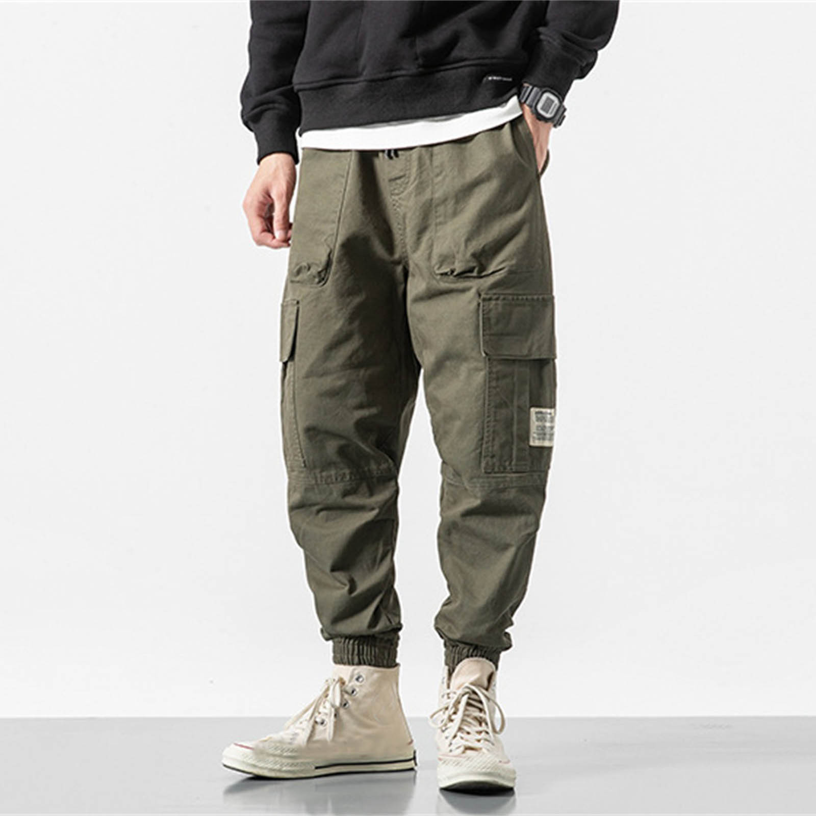 thumbnail image 3 of Pantalones cargo de algodón para hombre - Cintura elástica con cordón - Pantalones deportivos informales, tallas M-XXXL, 3 of 8